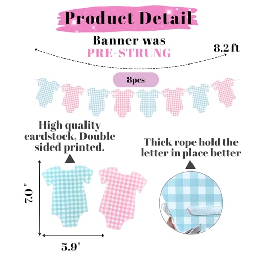 Image of Pre-Strung Blue & Pink Gingham Bodysuit Baby Shower Banner - 8 Double-Sided Onesie Cards- Cute Baby Onesie Decorations for Gender Reveal Party, Baby Shower Decor, Baby Reveal Banner - Gender Reveal Ideas & Decor