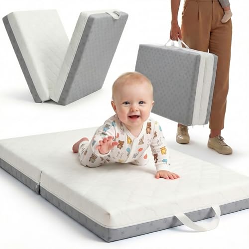 DeerFable Bi-Fold Pack and Play Mattress, 3 Inch Thick Soft & Firm Memory Foam Breathable Portable Pack n Play Mattresses, Baby Playpen Mattresses with Removable Washable Cover 38x26x3 Inch - Gray