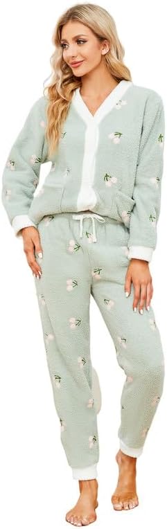 Womens Fuzzy Plush Pajama Set, Soft Warm Fleece Pajama for Women Cute Long Embroidered 2 Piece Sleepwears