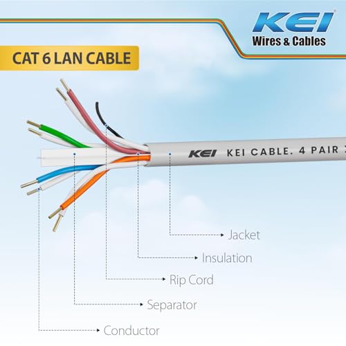 Image of KEI CAT 6,LAN Cable, 99.97% Pure Solid Bare Copper Conductor, 23 AWG, 4 Pair(UTP) Star Separator, Suitable For High Speed Internet Connections, Weather & UV Resistant Cable (Grey, 100 Meter)