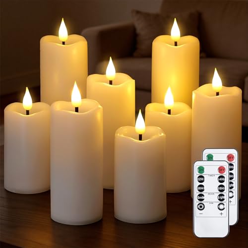 Yeelida Batterie flackernde LED-Kerzen, Packung mit 8 flammenlosen Weiß Kunststoffkerzen mit Fernbedienungen und Zeitschaltuhr, die über 600 Stunden halten(5,3cmx 11, 14, 17cm)