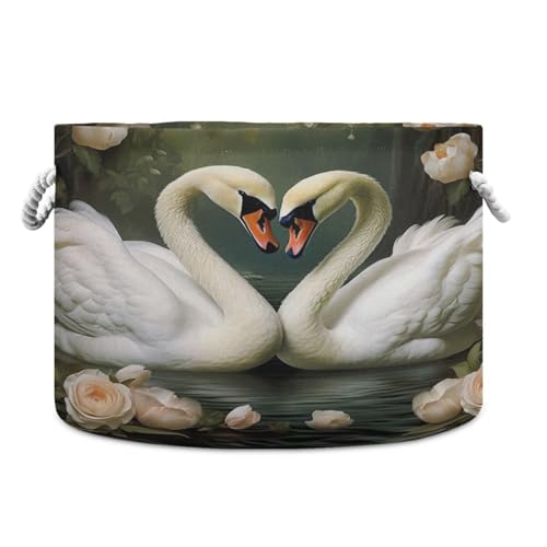 Round Swan Lovers Pink Rose Storage Basket Large Organizer Bin Laundry Hamper Toy Storage Basket with Handle for Nursery Clothes Toys 202b4593