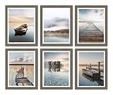 Framed Lake Wall Art Print: Bedroom Living Room Modern Nature Scene Picture 6 Piece Boat Pier Scener