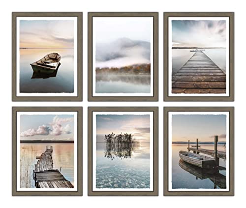 Framed Lake Wall Art Print: Bedroom Living Room Modern Nature Scene Picture 6 Piece Boat Pier Scenery Artwork Decor Vertical Sunrise Mountain Forest Landscape Painting For Home Office #TOP14