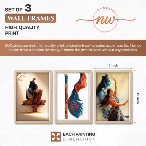 Image of NoWorries Traditional Wall Art Frames Set of 3 | Indian Art Wall Decoe Frames | Radhe Krishna and Feather Painting, High Quality HD Printed Framed Posters for Living Room, Bedroom, Office and Home Decoration (Frames Size-13x19Inch)