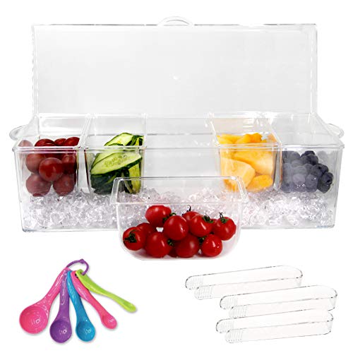 MorTime Ice Chilled Condiment Server with 5 Removable Compartments, Clear Sauce Caddy Serving