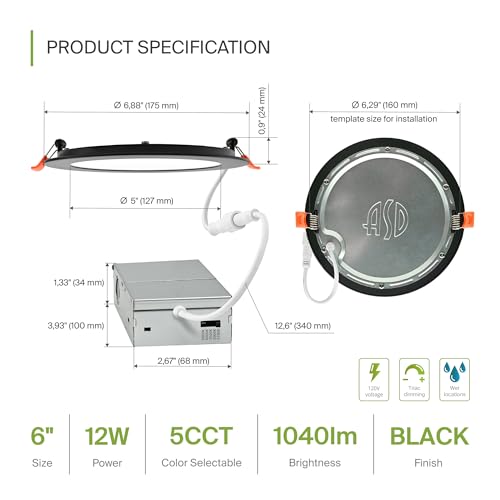 ASD 6 Pack LED Recessed Lighting 6 Inch 12W, 5 CCT 2700K-5000K CRI90+, IC Rated Ultra Thin Dimmable Ceiling Lights with J Box, Canless Wafer Downlight, Round Slim Panel Light, Energy Star ETL, Black by ASD - Used condition - Image 2
