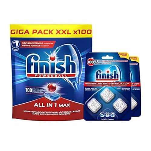 Finish Powerball All in One Max Dishwasher Tablets 100 Tablets and Finish Dishwasher Cleaner During Cycle 3 x 17 g, Pack of 2