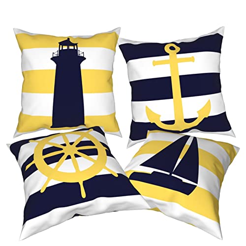 Nautical Navy Blue Throw Pillow Covers,Double-Sided Print Anchor Navigation Lighthouse Compass Sailboat Decorative Pillow Covers,Set Of 4 Pillow Case For Outdoor Sofa Couch Home Bed Nautical Decor #TOP1