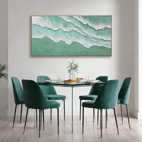 Image of Abstract Wall Art Minimalism Green White Canvas Wall Decor Framed Artwork Modern Home Wave Pictures for Living Room Bedroom Office 24 inchx48 inch