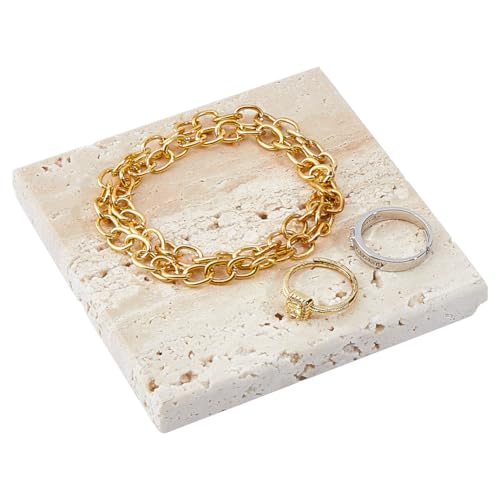 DICOSMETIC Ciotola portagioie in marmo naturale, 10 x 10 cm, in pietra quadrata, decorazione in marmo, piccola ciotola in pietra per anelli, orecchini, collane e collane beige