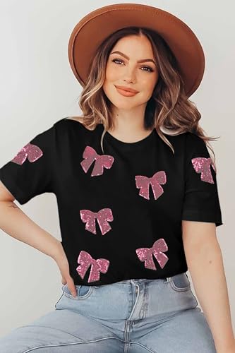 Womens Bow Shirt Coquette Aesthetic Shirts Cute Sequin Graphic Tees Trendy Pink Bow Ribbon Short Sleeve Tee Tops3