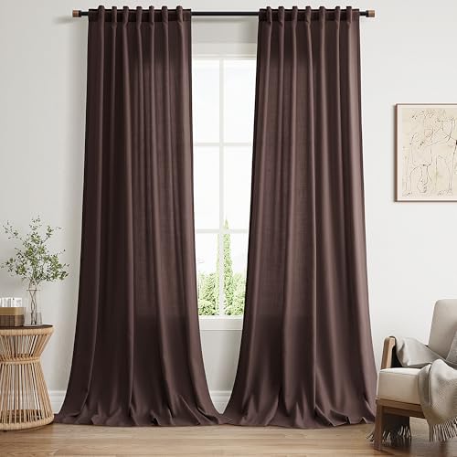 Image of Coffee Brown Linen Curtains for Living Room 100 Inches Long Light Filtering Semi Sheer Curtain Back Tab Luxury Modern Rustic Home Decor Neutral Drapes for Bedroom Dinner Room 52x100, 2 Panels