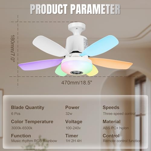 ConBlom Wentylator sufitowy 47 cm, z 6 łopatkami, pokaz świetlny RGB + głośnik Bluetooth i pilot zdalnego sterowania, 3 poziomy prędkości i temperatury barwowej, do pokoju dziecięcego, pokoju zabaw