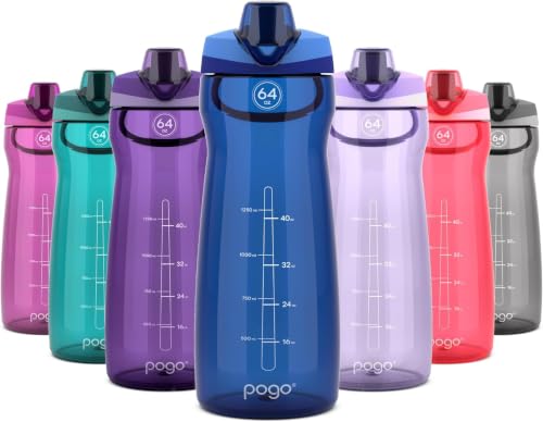 Image of Pogo 64oz Plastic Water Bottle with Leak-Proof Chug Lid and Carry Handle, Reusable, BPA Free, Capacity Markings, Dishwasher Safe, Perfect for Travel, School, Outdoors, and Gym, Blue (Pack of 6)