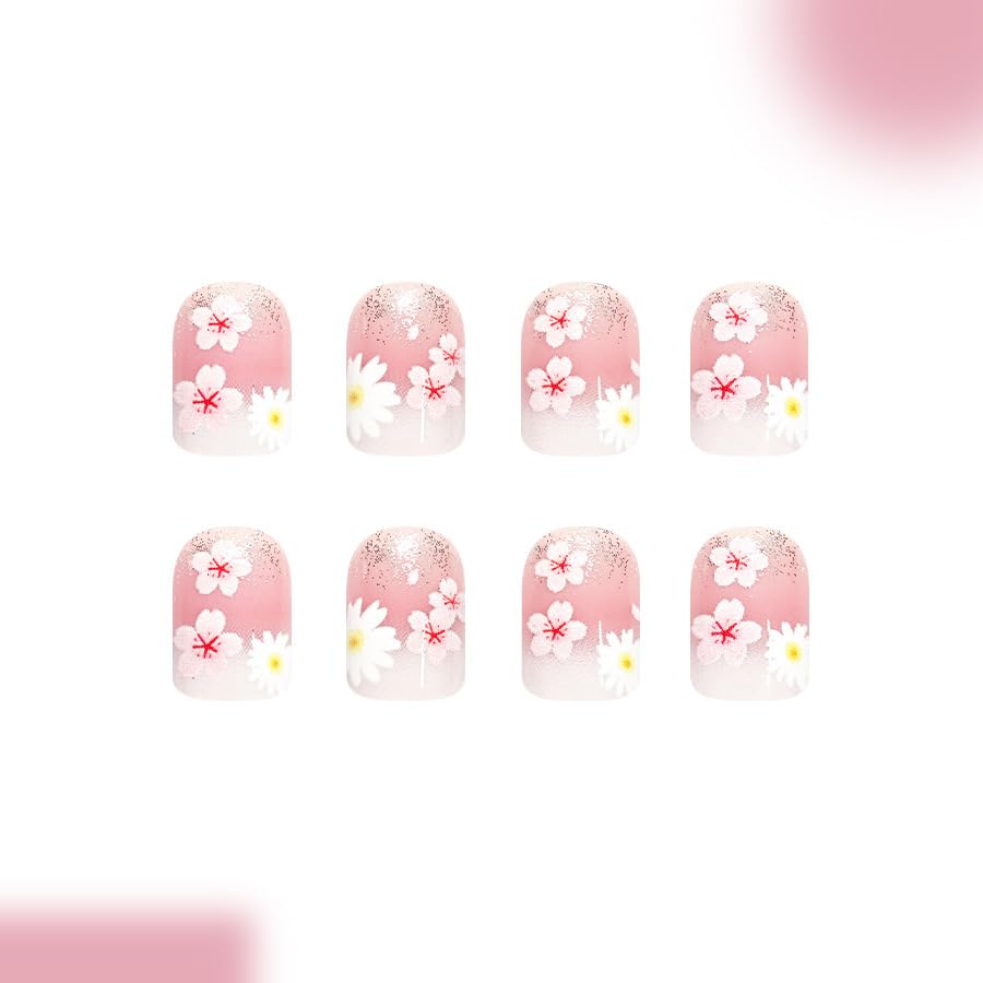 Ombre Press on Nails - Short Square Pink Flower Design