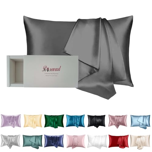 Pure Mulberry Silk Pillow Cases Standard Size, Oeko-TEX Certified 100% Silk Pillowcase for Hair and Skin, Premium 22 Momme silk zippered pillowcase, USA, Dark Gray, 1 Pc 20