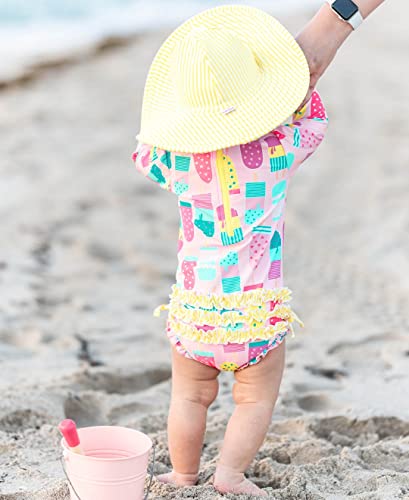 Image of RuffleButts Baby Girls UPF 50+ Sun Protection Floral Printed Long Sleeve One Piece Rash Guard Swimsuit with Zipper