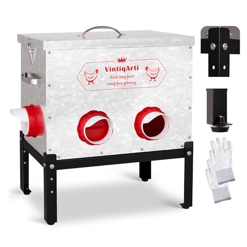 40Lb Automatic Chicken Feeder - No Waste Metal Chicken Feeders 6 Port Metal Silo with Locking Lid, Rat & Rodent Proof Weatherproof Design, Adjustable Legs for Poultry Outdoor Coop & Backyard Chickens