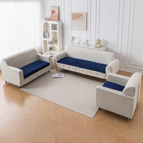 Image of HOKIPO 'Serenity Tassel' Chenille Sofa Cover 6 Seater Set with Tassels - Washable 3+2+1 Sofa Cover Mat | Sapphire Navy (IN-890 + IN-891 + IN-892 - NBL)