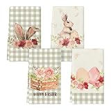Scinzene 4 Stück Geschirrtuch Ostern Set 40x60 cm - Saugstarke Geschirrtücher Ostern mit Hasen Eier Blumen Motiv - Oster Geschirrtücher Frühling Deko Küche - Küchentücher Geschenk für Frauen