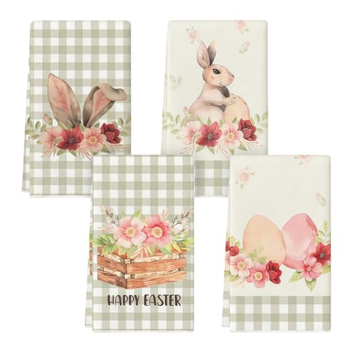 Scinzene 4 Stück Geschirrtuch Ostern Set 40x60 cm - Saugstarke Geschirrtücher Ostern mit Hasen Eier Blumen Motiv - Oster Geschirrtücher Frühling Deko Küche - Küchentücher Geschenk für Frauen