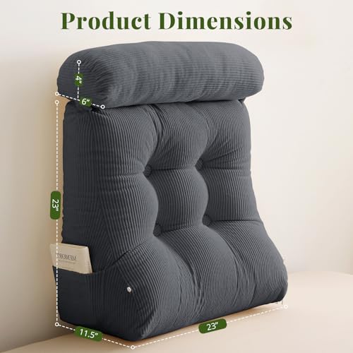 Sasttie Wedge Pillow Set, 2PCS Reading Pillow for Sitting, Bed Wedge Pillow Headborad for Sleeping, After Surgery, Acid Reflux, Leg and Back Support, with Neck Cushion, 23\"x11.5\"x23\", Dark Grey