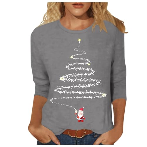 Generisch Camiseta de Navidad para mujer con estampado de árbol de Navidad, manga cuarta y cuello redondo, cómodo jersey túnica, gris, M