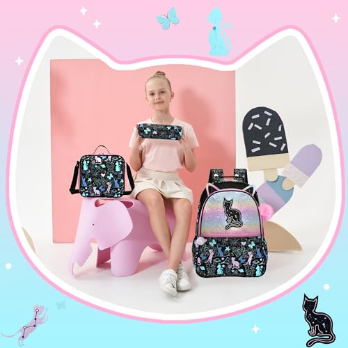 Image of Cute Cat School Backpacks for Girls Backpacks for School Black Bookbag with Lunch Box for Elementary Students Ages 6-8 Years Old