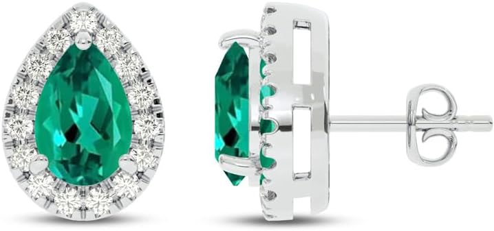 Lab Created Emerald and Lab Grown Diamond Halo Stud Earrings for Women | 10K Solid White Gold Earrings | Multiple Shapes and Weights to Choose From