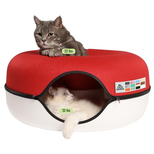 Cattasaurus Peekaboo Cat Cave Donut for Multiple & Large Cats up to 30-45 lbs 3-in-1 Self Warming Cat Bed Tunnel & Scratcher for Indoor Cats Washable & Detachable Dog Bed (Ruby Snowball Large)