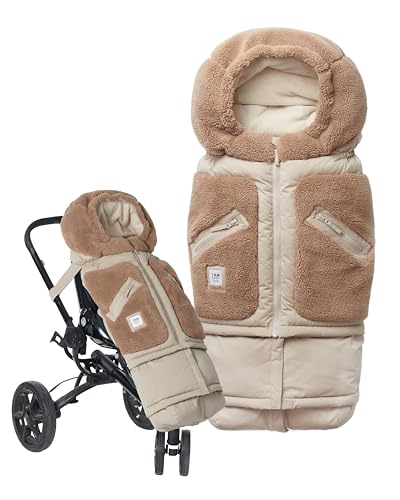 Image of 7AM Enfant Stroller & Carseat Footmuff - Adjustable Winter Car Seat & Stroller Zipper Blanket for Boy & Girl, Multi Purpose Fleece Lined Warm Hooded Sleeping Bag for Baby (Oat, Applique Cacao)