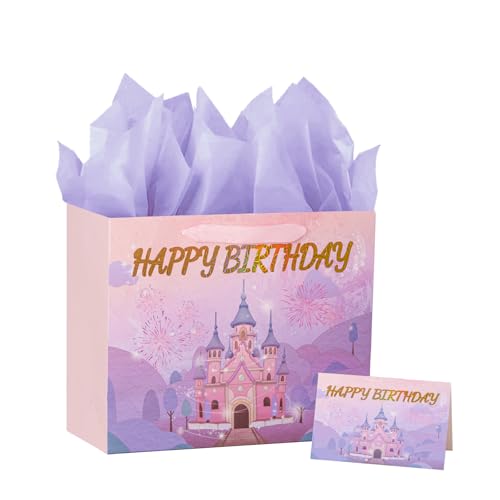 PrintGuru 13 Large Happy Birthday Gift Bag with Tissue Paper Greeting Card and Ribbon Handles for Women Girls Kids Birthday 13W x 10.2 H x 4.9 D (Princess Castle Pink and Purple Pack 1)
