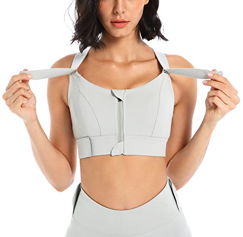 Women's High Support Push Up Strappy Back Bra Underwire Zip Front Close Padded Sports Bra Grey, Medium