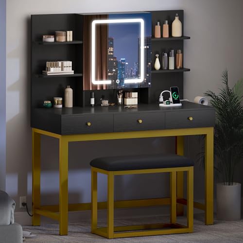 DWVO Vanity Desk with Mirror & Power Outlet, Hidden Storage Shelves, 3 Drawers, Adjustable 3 Lights Modes, Dressing Table Set with Chair, Makeup Table with Stool, Black Upgraded Vanity for Bedroom