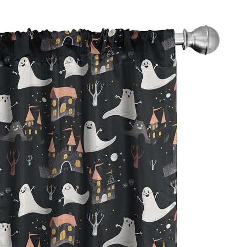 Ambesonne Fall Window Curtains, Cartoon Illustration of Whimsical Ghosts and Magic Houses Halloween Autumn, Lightweight Decor 2-Panel Set with Rod Pocket, Pair of - 28" x 95", Black Salmon Off White