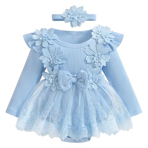 FYMNSI Toddler Baby Girls Long Sleeve Ribbed Knit Lace Ruffle Floral Romper Tutu Dress Headband Newborn Fall Winter Dresses