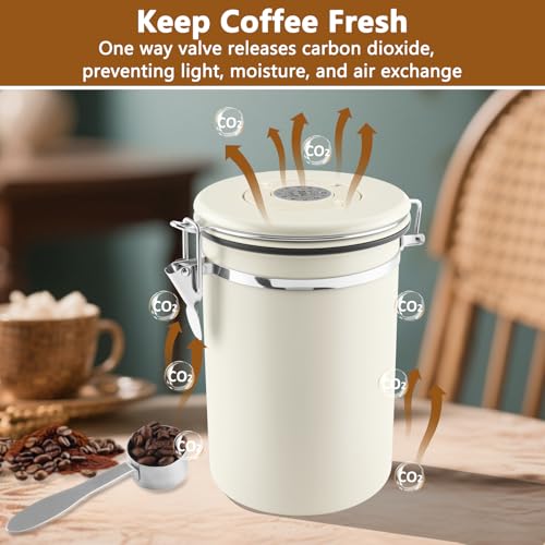 Foto von Foydream Kaffeedose Luftdicht, 1,8L Kaffeebohnen Behälter 304 Edelstahl mit Datumsverfolgung und Messlöffel für Mahl, Bohnen, Tee, Mehl, Getreide und Zucker Weiß (Weiß)