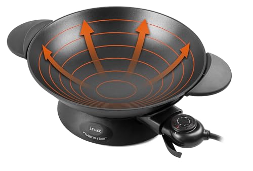 riviera&bar Elektrischer Wok Expert 5L - 2200W, Aluminiumguss-Schüssel, Glasdeckel, Einstellbarer Thermostat mit 10 Stufen - Ideal für 8 Personen - Inklusive Zubehör - Leichte Reinigung
