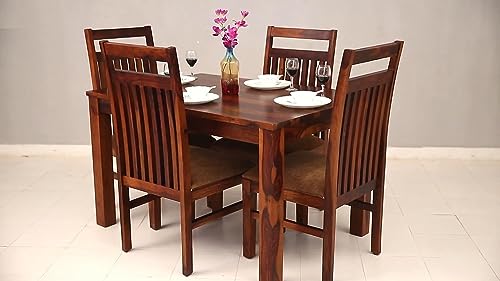 Image of RECTART sheesham Wood Standard Dining Table 4 Seater | Wooden Dining Room Furniture | 4 Chairs with Cushion | Honey Teak Brown Finish