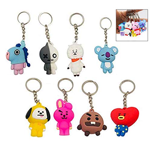 Jzhen 8 Pièces Kpop BTS Dessin Animé Porte-clés, Porte-clés Décoration Mignon pour Porte-Monnaie Cover