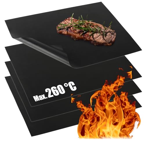 COM-FOUR® 4x Tapete para Parrilla para Barbacoa Hecho de Teflón - Tapete para Hornear Resistente al Calor - Lámina Antiadherente para Parrilla - Tapete para Parrilla y para Hornear (4 piezas - negro)