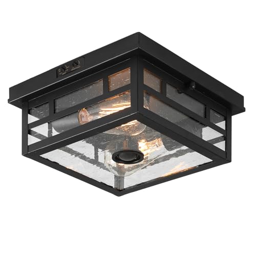 Image of CALOKES Outdoor Flush Mount Motion Sensor Ceiling Light - Timeless Industrial Design with Seeded Clear Glass for Your Porch, Driveway, Covered Patio, Farmhouse, and Entryway, Dusk to Dawn