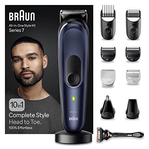 Braun Regolabarba Tagliacapelli Uomo Rasoio Elettrico Barba, 10-in-1 Styling Kit Ideale Per Barba, Capelli, Corpo, Naso e Orecchie, Con Base Di Ricarica, 100 Minuti Di Utilizzo Senza Fili, MGK7410