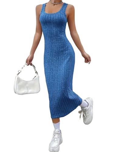 Image of Womens Casual Dresses Tank Long Dress Sleeveless Ribbed Stretch Sexy Scoop Neck Basic Fitting Pencil Cocktail Dress Slim Fit Knitted Side Split Dresses Blue X-Large