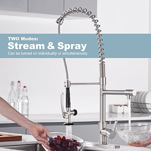 Commercial Kitchen Faucet With Pre-Rinse Sprayer, Wowow Solid Brass Commercial Restaurant Faucet 1 Or 3 Hole Spring Kitchen Faucet With Deck Plate, Brushed Nickel #TOP1