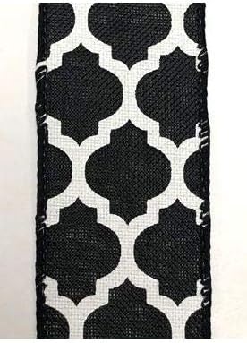 1.5" x 50yd Wired Black Ribbon with White Quatrefoil Design