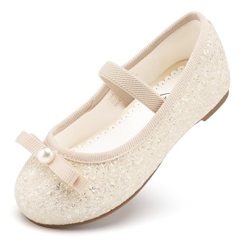 Stelle Girls Glitter Dress Shoes Flower Wedding Mary Jane Ballet Flats with Strap Toddler/Little/Big Kids(GMJ014-Champagne,9MT