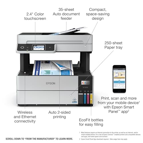 Image of Epson EcoTank Pro ET-5170 Wireless Color All-in-One Supertank Printer with Scanner, Copier, Fax Plus Auto Document Feeder White Large