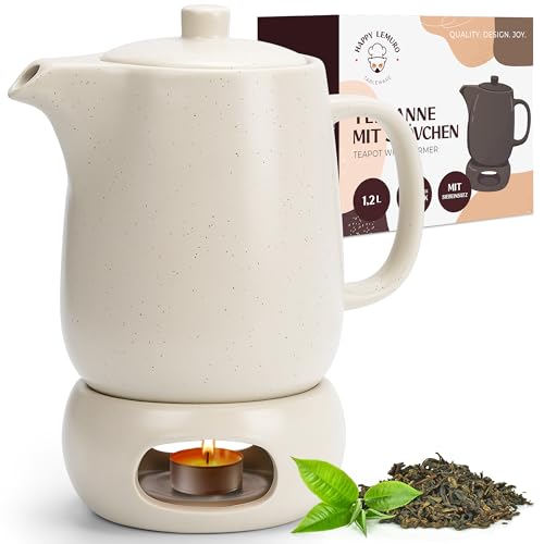 Happy Lemuro Teekanne mit Stövchen Set - 1,2 l - Keramik Teekanne mit...